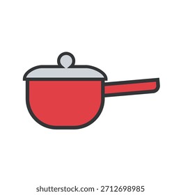 Una ilustración plana de una cacerola roja con un mango largo y una tapa gris, típicamente utilizada para cocinar o hervir, aislada sobre un fondo blanco.