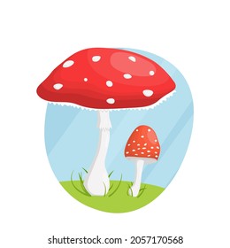 Flat illustration, red spotted fly agaric in grass, on a hill.