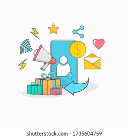 ilustración plana referir a un amigo y marketing móvil