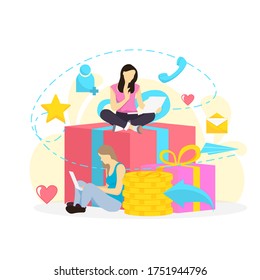 ilustración plana remite a un amigo para un anuncio y promoción de página web