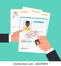 Flat illustration of the rejection of a foreign candidate. Hiring only local. A concept of the job interview with business resume. Hands with a cv and the stamp. Top view. Simple working situation.