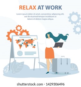 Flat Illustration Relax from Work, Lettering. Girl Going on Vacation. Woman with Suitcase Shows on Map Place Visit During Holidays. Banner on World Map Marked Route Movement Vector.