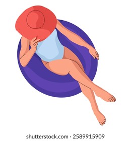 Flat illustration Relaxed fashionable woman at swimming pool. Flat Tanned girl in bikini enjoying summer vacation. Female in swimsuit, bikini, hat and sunglasses floating on rubber ring.