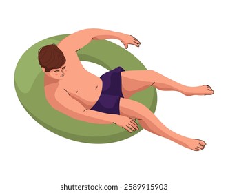 Flat illustration Relaxed Men at swimming pool. Flat Tanned boy enjoying summer vacation. Male in swimsuit and sunglasses floating on rubber ring.