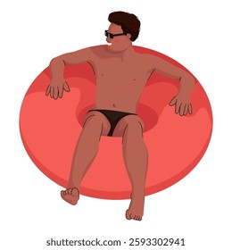 Flat illustration Relaxed Men at swimming pool. Flat Tanned boy enjoying summer vacation. Male in swimsuit and sunglasses floating on rubber ring.
