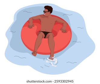 Flat illustration Relaxed Men at swimming pool. Flat Tanned boy enjoying summer vacation. Male in swimsuit and sunglasses floating on rubber ring.