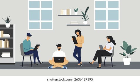 Flat illustration of a relaxed office scene. People working on laptops. Simple office environment. Professional mood.