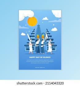 Flat illustration of religious ceremony to celebrate Nyepi day or Day of Silence in Bali on poster concept