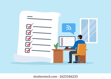 Flat illustration of remote support operator reviewing tickets with checklist on computer during online assistance