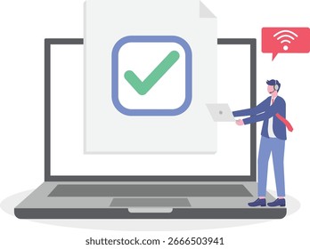 Flache Abbildung des Fernunterstützungsbetreibers, der Tickets mit Checkliste auf dem Computer während der Online-Hilfe überprüft
