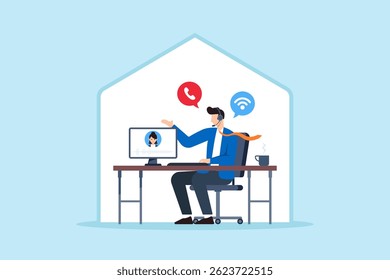 Ilustración plana de llamadas de Cliente de respuesta de especialista en Asistencia remota con auriculares y computadora desde la configuración de la oficina en el hogar