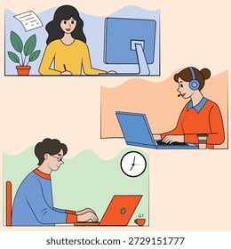 Ilustración plana de equipo remoto trabajando en línea desde casa