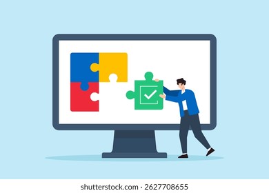 Flat illustration of remote worker assembling checklist puzzle pieces on digital screen to complete online task management process