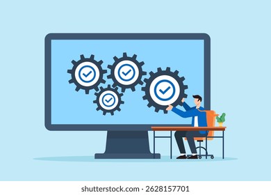Flat illustration of remote worker assembling checklist gears inside virtual machine on desktop screen to represent task automation and workflow optimization
