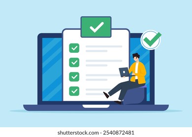 Flat illustration of remote worker complete business checklist on online digital platform