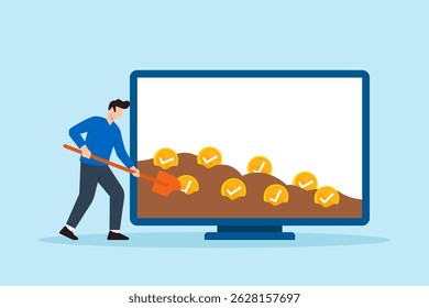 Flat illustration of remote worker digging checklist tokens from soil on screen to symbolize productivity mining and task completion