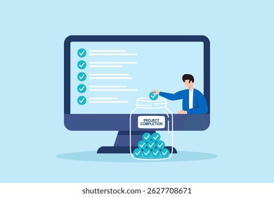 Flat illustration of remote worker filling jar with completed task marbles to measure project completion in digital productivity system