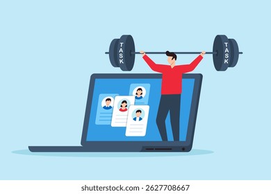 Flat illustration of remote worker lifting heavy weights labeled business tasks inside virtual workspace to represent productivity and workload management