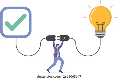 Flat illustration of remote worker plugging cables to light up checklist board with glowing bulb as symbol of productivity and task completion

