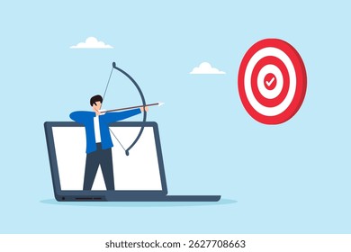Flat illustration of remote worker shooting arrows at business target with checkmark to represent focus and goal achievement in digital workplace