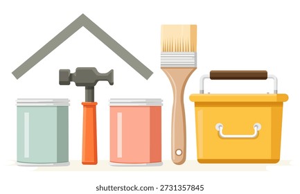 Flache Abbildung von Reparaturwerkzeugen: Hammer, Pinsel, Farbdosen und eine Werkzeugkiste unter einem Hausdachsymbol. Ideal für Bau- und Heimwerkerprojekte. Vektorkunst.