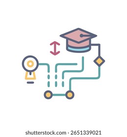 Flat illustration representing idea generation connected to education success pathway. Conceptual graphic showing a process leading to graduation.