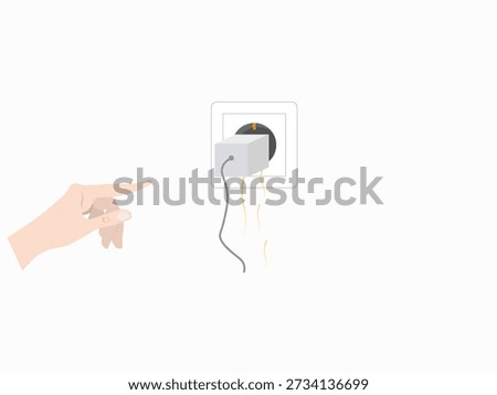 Flat illustration representing invisible energy consumption caused by a plugged-in charger, with a hand pointing at a power outlet to highlight standby electricity waste, energy awareness and responsible energy use at home.