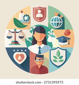Flat illustration representing social responsibility, education, law, and global values.