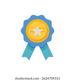 A flat illustration of a ribbon badge with star, gold circle and blue ribbon,isolated on White Background.