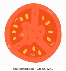 Ilustración plana con rodajas maduras de tomate al estilo naive de moda. Clipart dibujado a mano del vector aislado en el fondo. Comida vegetariana y vegana. Producto agrícola saludable. Concepto de alimentación saludable y dieta.