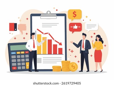 Flat illustration of a risk management for projects, showcasing a team analyzing financial data and potential losses or bankrupt. The image emphasizes a modern business approach to problem-solving