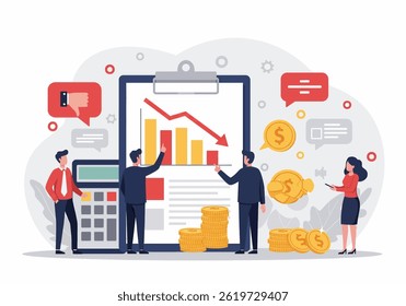 Flat illustration of a risk management for projects, showcasing a team analyzing financial data and potential losses or bankrupt. The image emphasizes a modern business approach to problem-solving