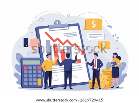 Flat illustration of a risk management for projects, showcasing a team analyzing financial data and potential losses or bankrupt. The image emphasizes a modern business approach to problem-solving