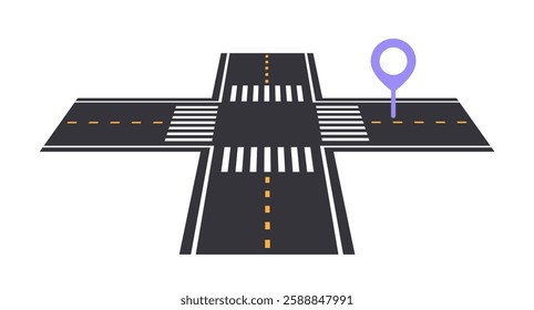 Flat illustration of a road intersection with pedestrian crossings and a location pin marker. The image represents navigation, GPS, and mapping concepts. Vector illustration