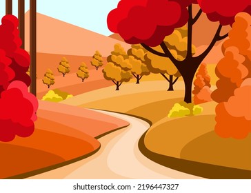 Flat Illustration Road to Mountain through Forest in Autumn