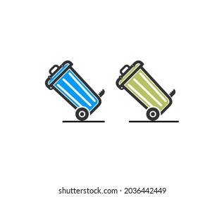Ilustración plana de la carretera y el cubo de basura dentro de la casa. Cañones de basura de metal y plástico. Coloridas papeleras de reciclaje. Bañera de basura con pedales y columpio. Cubo de metal con tapa.