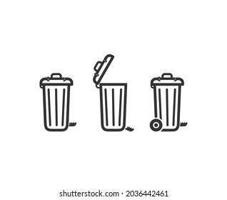 Flat illustration of road and trash can inside the house. Metal and plastic trash cans. Colorful recycling bins. Trash can with pedals and swing top. Metal bucket with lid.