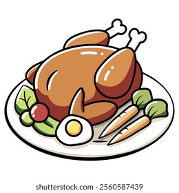 Flat illustration of a roast chicken served on a plate with carrots, leafy greens, a cherry, and an egg slice, perfect for festive designs or culinary-themed artwork.