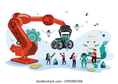Ilustración plana. Los robots ayudan a los humanos a producir tractores que hacen que el trabajo sea rápido y preciso. La inteligencia artificial del robot que puede ser más inteligente que los seres humanos en el futuro.