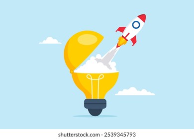 Flat illustration of rocket launch from opening lightbulb breakthrough new idea entrepreneurship success innovation startup creativity begin business