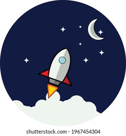 flache Abbildung einer Rakete auf den Mond