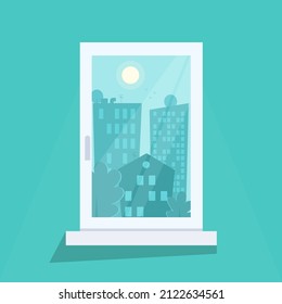 Flat illustration of room window. View from the window to the city. Urban landscape. View of city buildings.