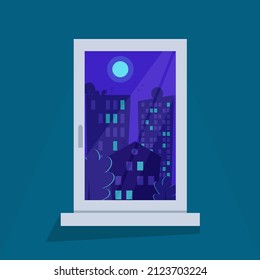 Flat illustration of room window. View from the window on the night city. Urban landscape. View of city buildings.
