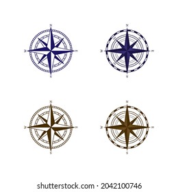 Flat illustration of rose of winds on white background.  Discreet classic design in blue and brown tones. Idea for packing, poster, sticker, web design and so on.