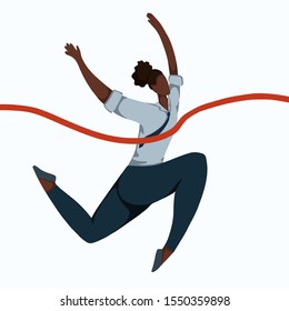 Flat illustration of a running african business woman tearing through a finishing tape. Effort and victory. Achievements of goals. Champion at work. Successful employee. Vector image for your design.