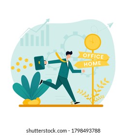 Flat Illustration of Running Businessman, Come Late to the Office and Spend Much Money