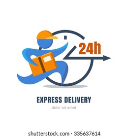 Flat illustration of running man with postal box and clock. Courier with parcel. Vector logo design template. Concept for express delivery service, free shipping from internet shop and online store.