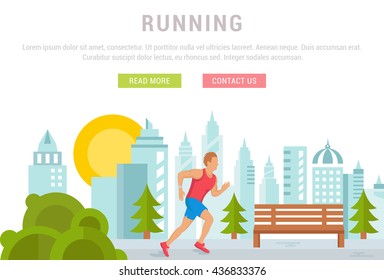 Flat illustration of running man, sport and fitness activity. Concept for web banners and printed materials. Template with buttons for website banner and landing page. Sport background or template.