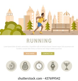 Flat illustration of running man, sport and fitness activity. Concept for web banners and printed materials. Template with buttons for website banner and landing page. Sport background or template.