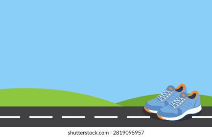 Flat illustration of running shoes on a road with wide copy space. Ideal for fitness, jogging, marathon, sports events, healthy lifestyle, and outdoor exercise promotions.